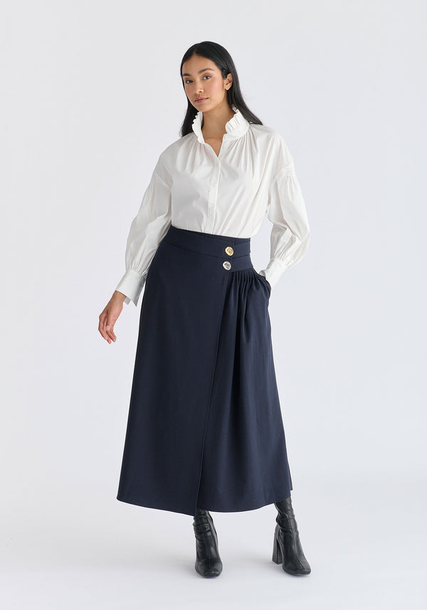 Wrap Midi Skirt with Pleated Detail in Navy Front